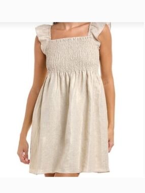 STS Sail To Sable Smocked Sleeveless Mini Dress S Linen Maiden Peasant Beach #34
